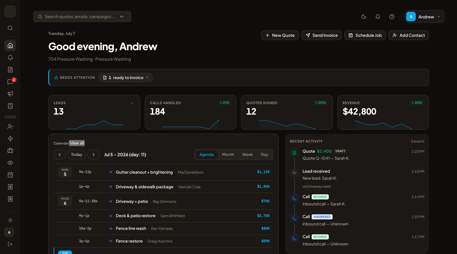 Stranex OS dashboard — real product UI, sample data